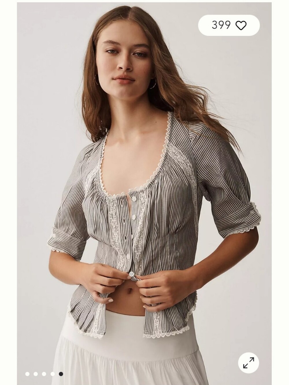 Anthropologie Striped Lace-Trim Button Crop Top - Black/White